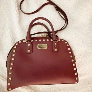 Michael Kors Sandrine Stud Burgundy Satchel With Gold Studs